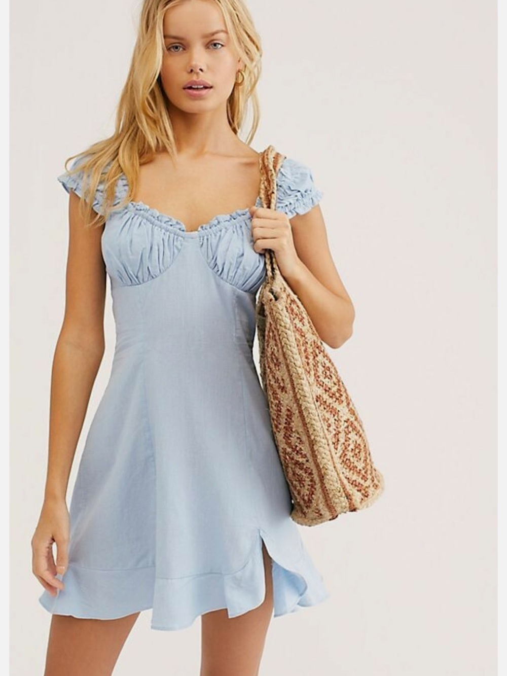 Free People Light Blue Ruffled Shoulder Women's Dress